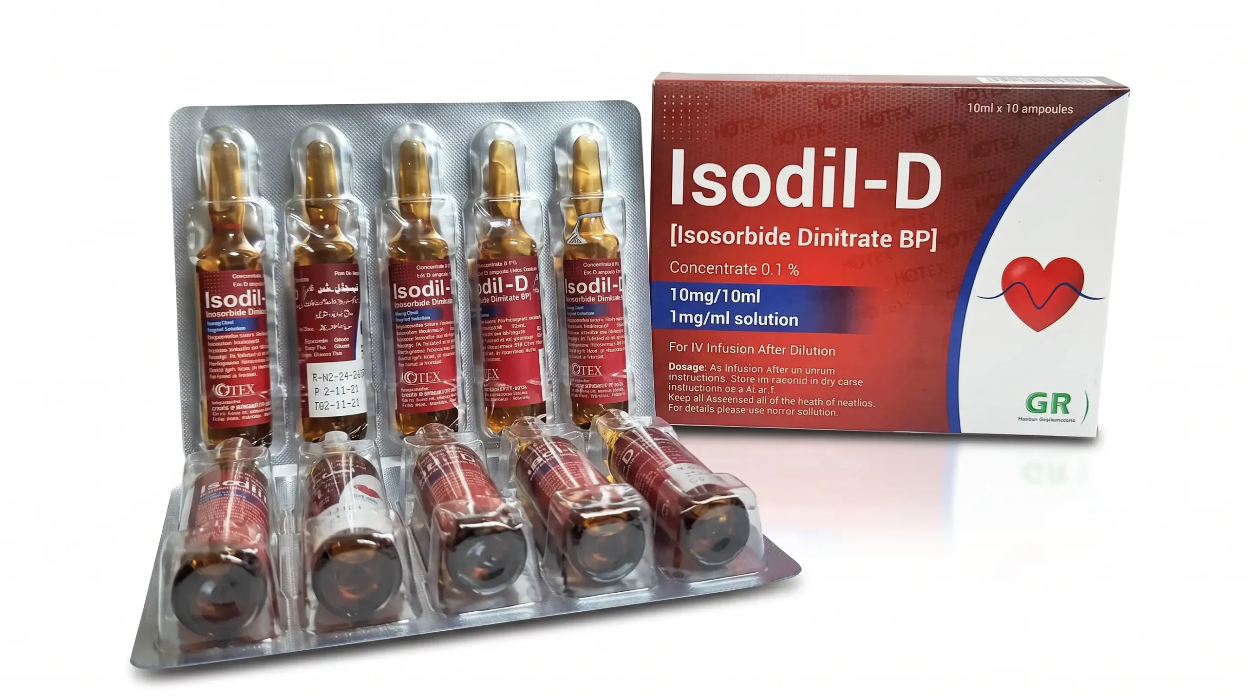 Isodil-D (Isosorbide Dinitrate BP) ampoules and box by Greenrays