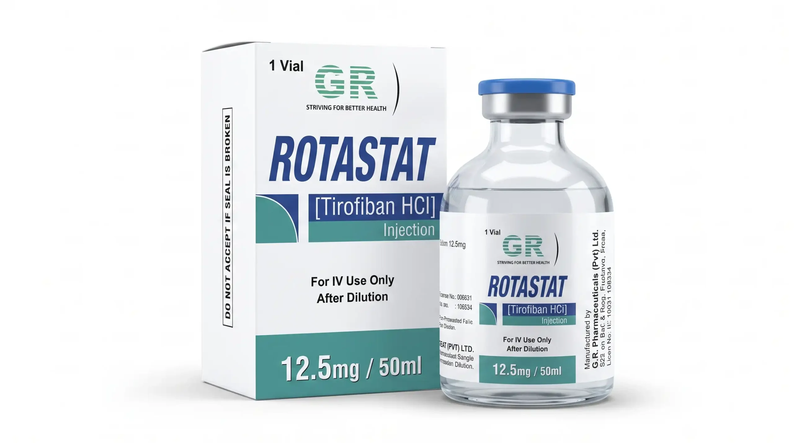 Rotastat (Tirofiban HCl) injection vial and box by Greenrays