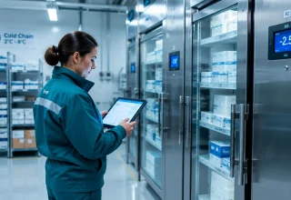 Healthcare logistics professional monitoring temperature-controlled cold chain storage for cardiology devices in a pharmaceutical warehouse