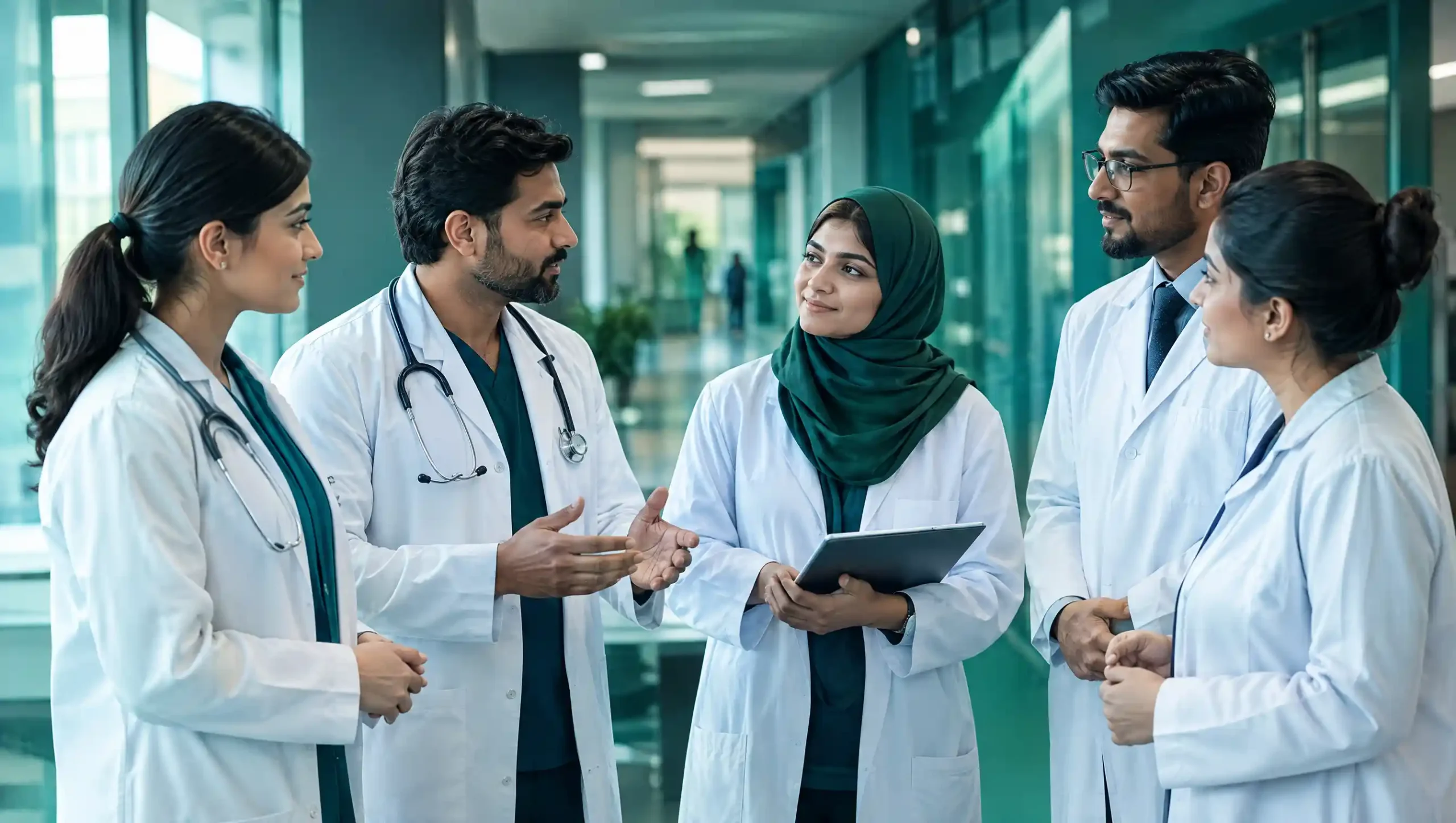Greenrays team of doctors and pharmacists collaborating in a hospital corridor