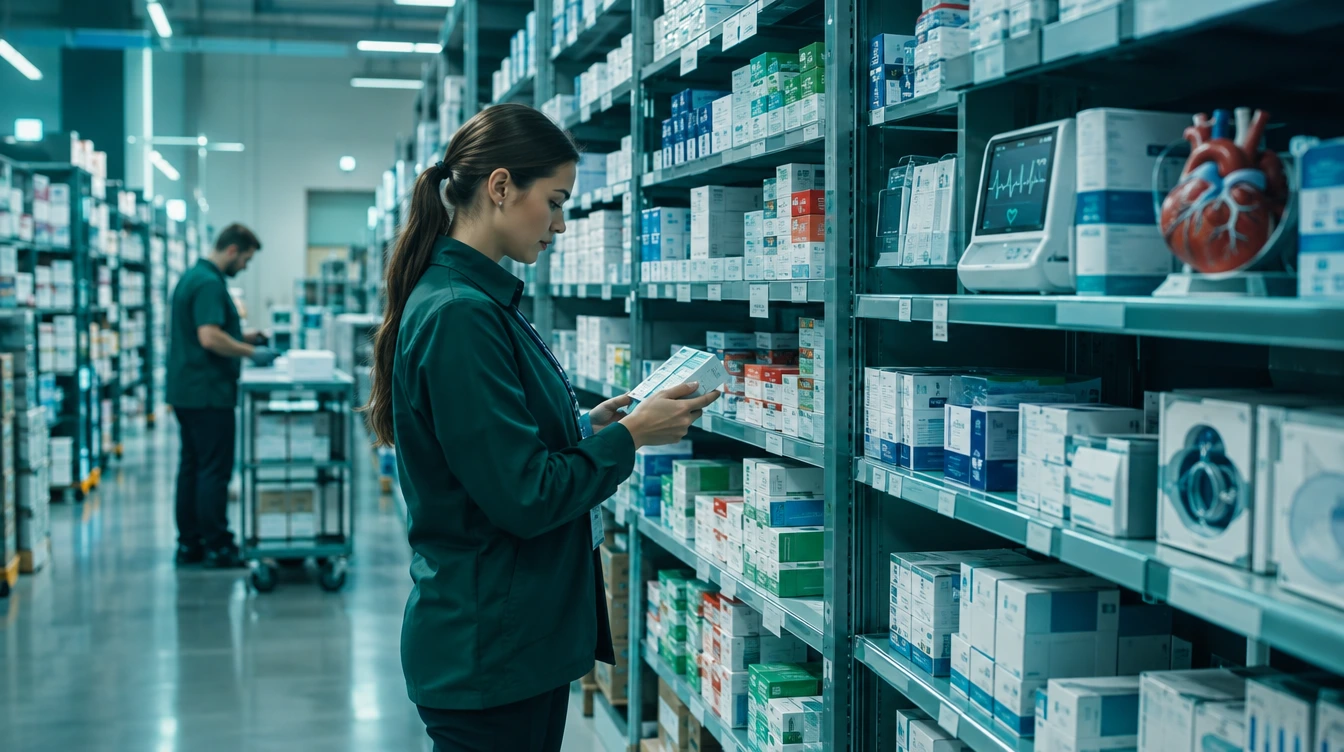 Greenrays cardiology pharmaceutical products organized on distribution warehouse shelving
